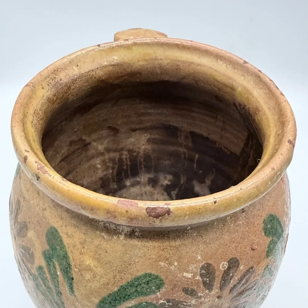 Southeastern PA Antique Folk Art Redware Pitcher Jar Hand Painted Floral Pottery